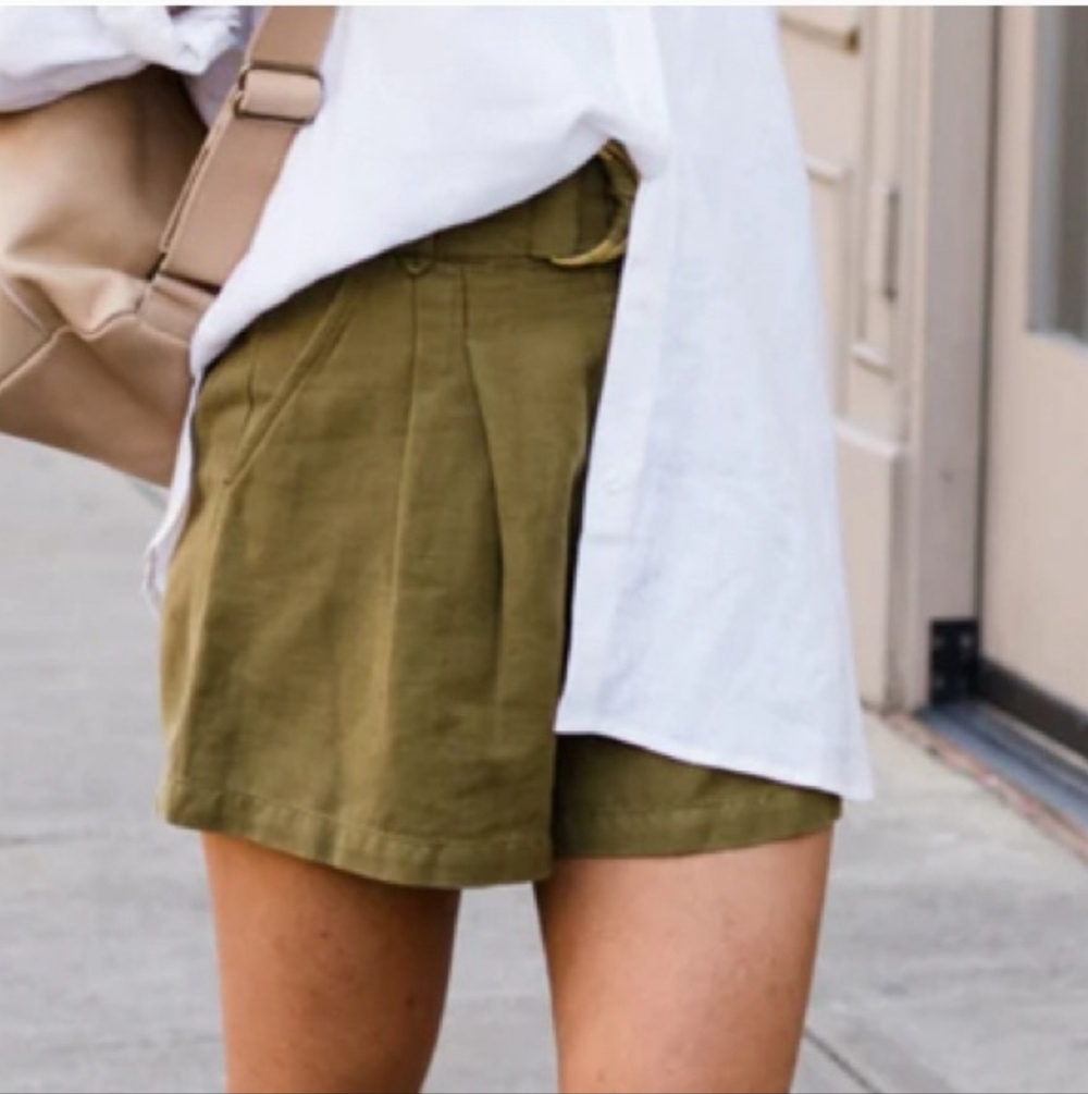 Able Wanda Olive Green Linen Cotton Belted Pleated Safari Shorts Size 14